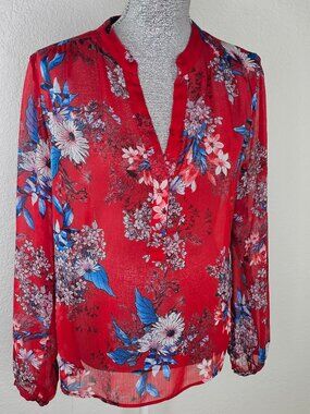 Kut from the Kloth Red Floral Semi Sheer Blouse Size Medium